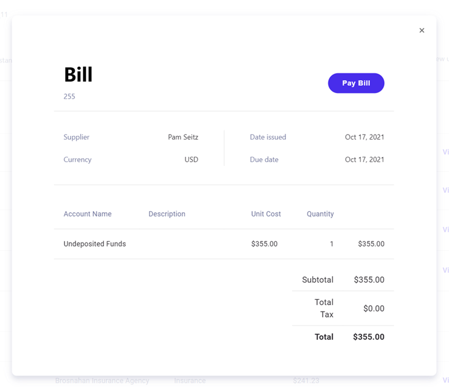 The Bill view shows additional information about an unpaid bill. bill-pay_invoice-detail-dialog