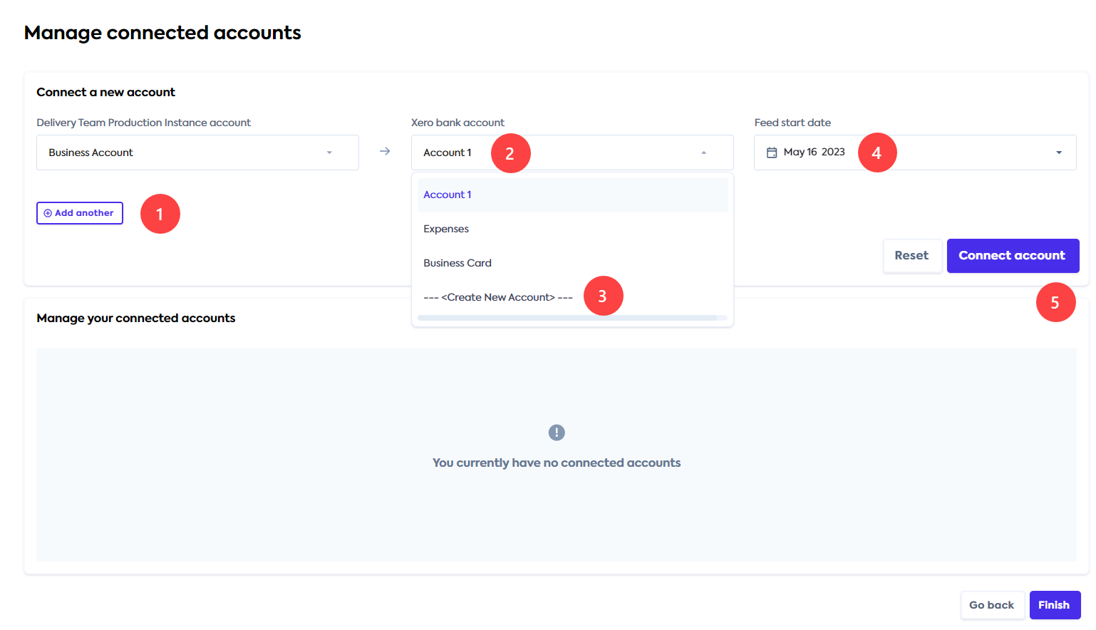 Codat UI for connecting and mapping bank feed accounts to Xero. xero-bank-feeds_mapping-screen-example